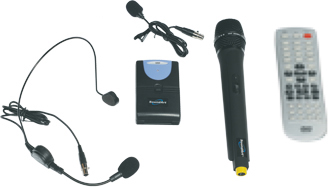 Comes standard with basic headset, wireless beltpack transmitter, wireless handheld mic and remote control